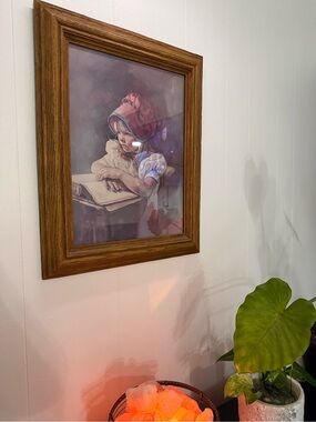 Vintage Framed Girl Reading Watercolor Art - Red Hat